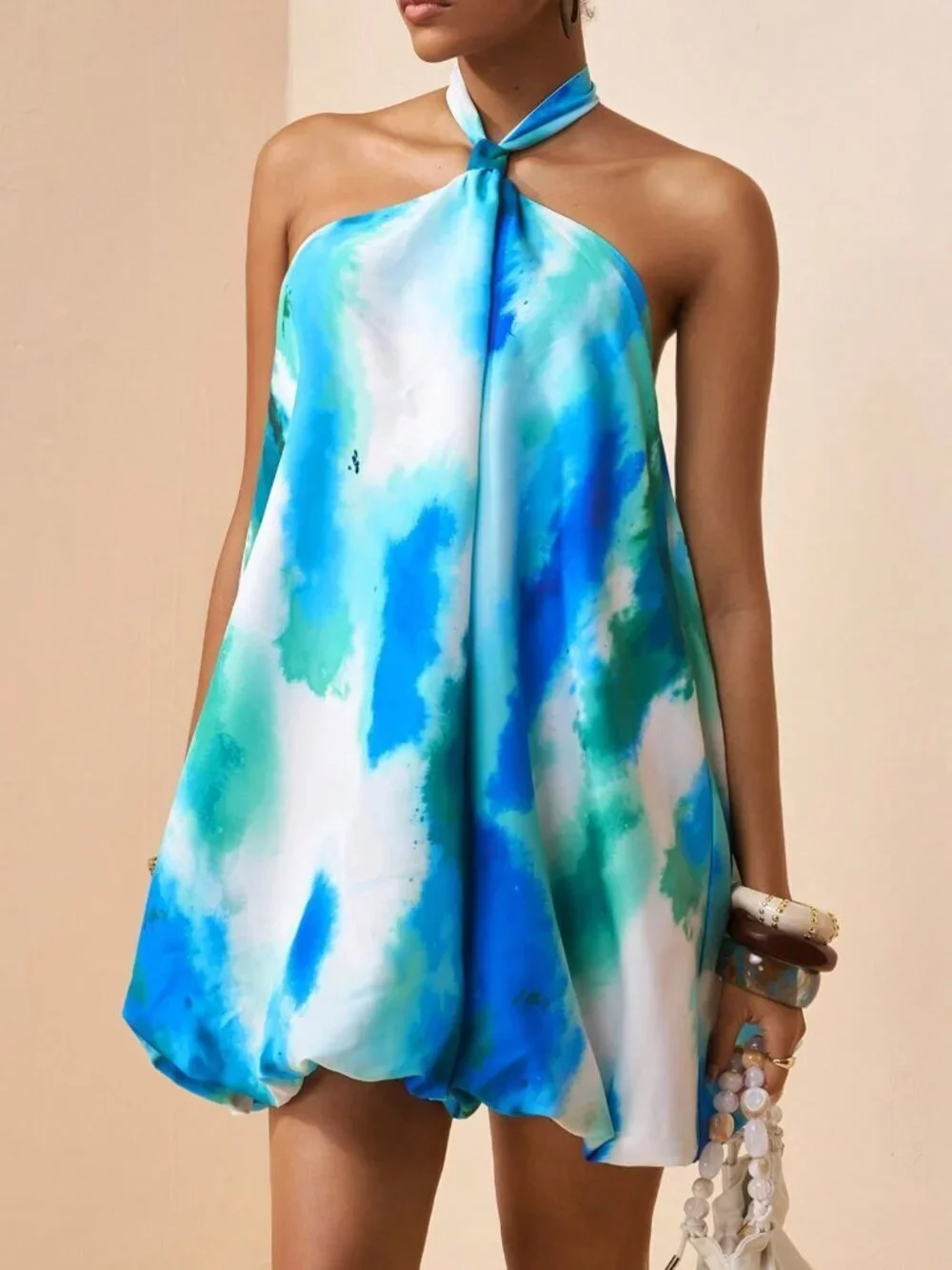 Multicolor Boho Women's Floral Puff Tie-Up Halter Backless A-Line Mini Dress